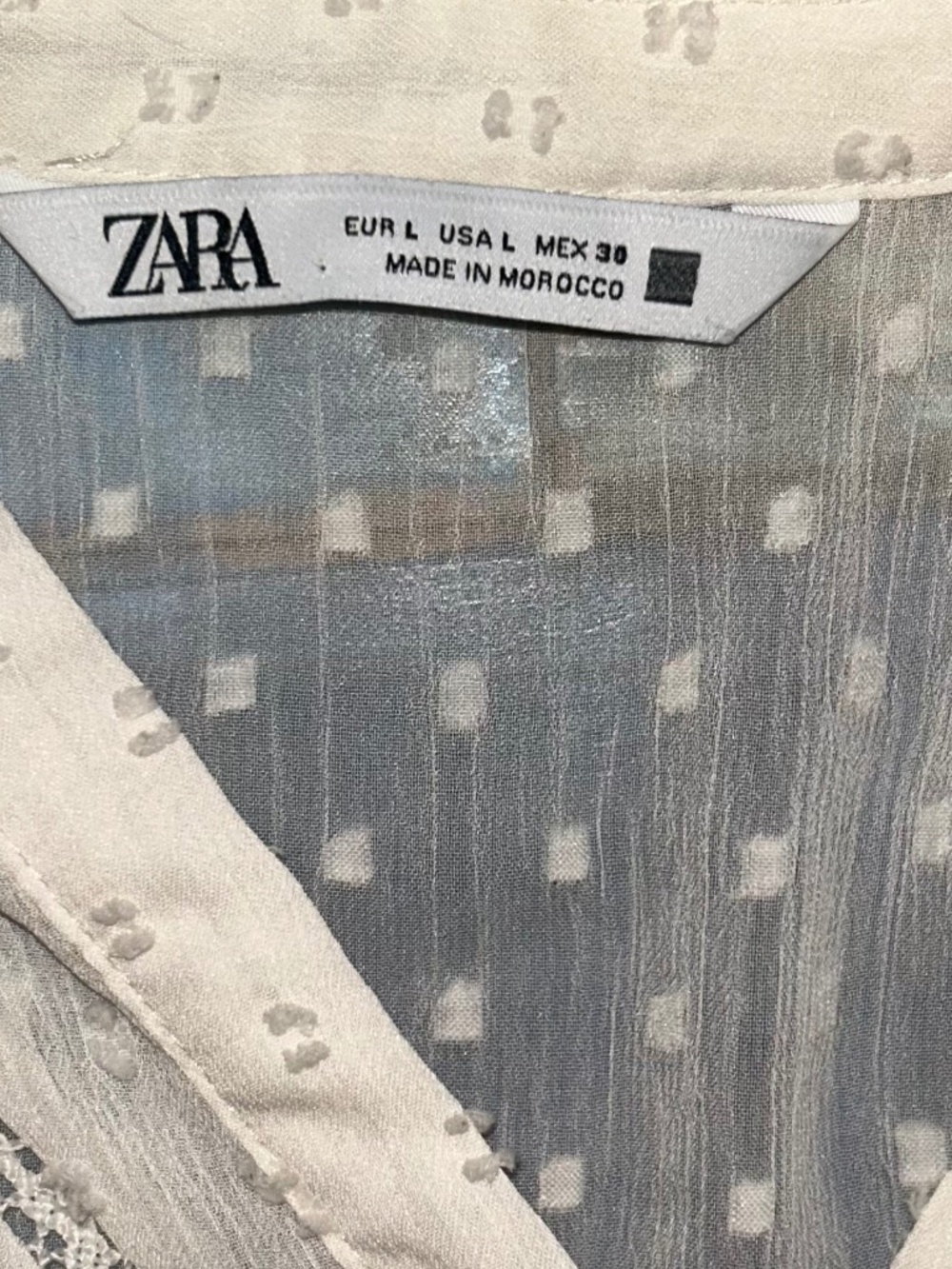 Zara White Swiss Dot Ruffle Blouse Size Large Boho Sheer Top - Picture 4 of 5
